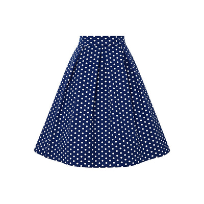 Our black top and dark blue polka dot flared skirt, front view