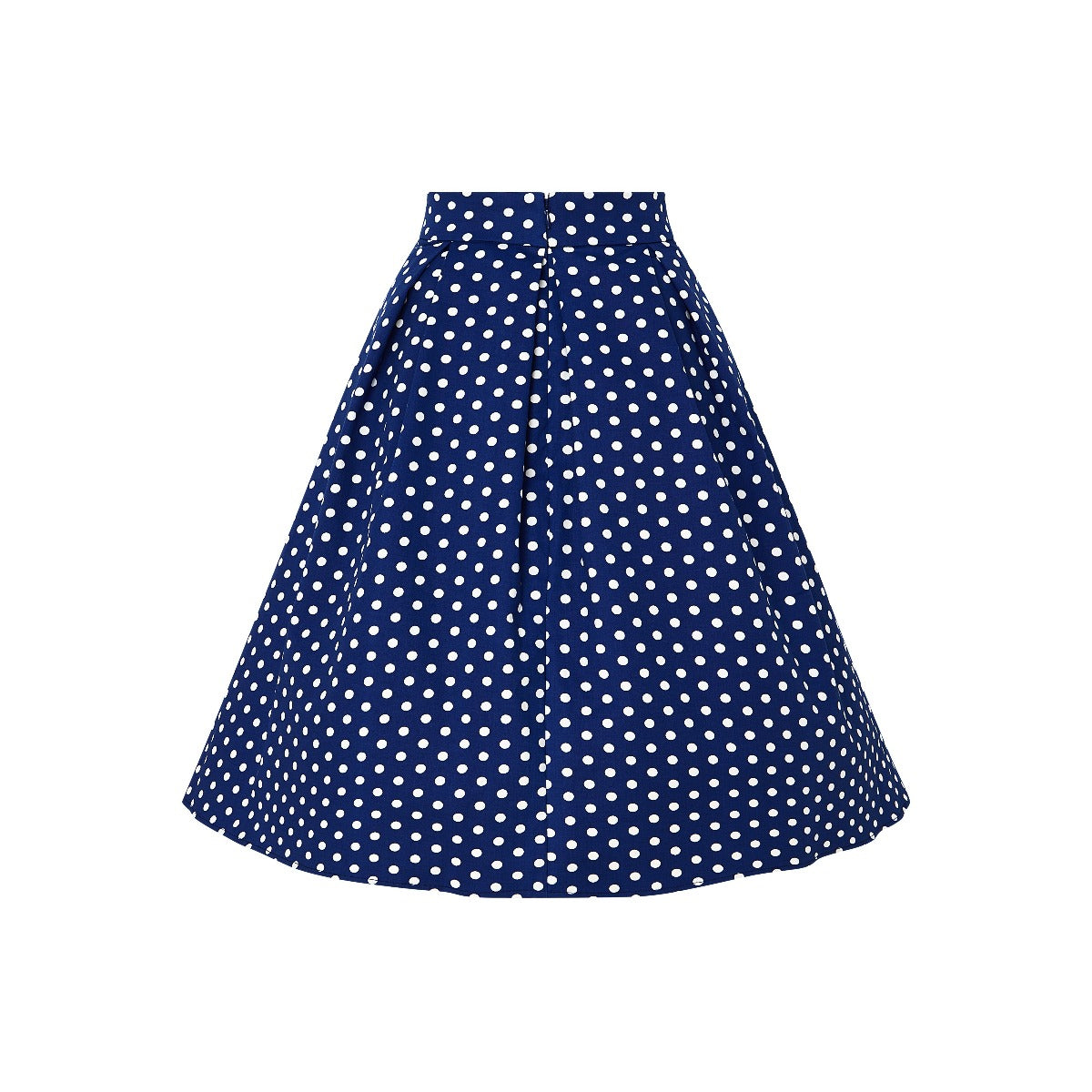 Our black top and dark blue polka dot flared skirt, back view