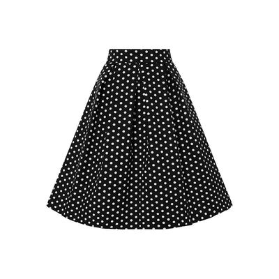 Our high waisted swing skirt, in black, with white polka dots, front view