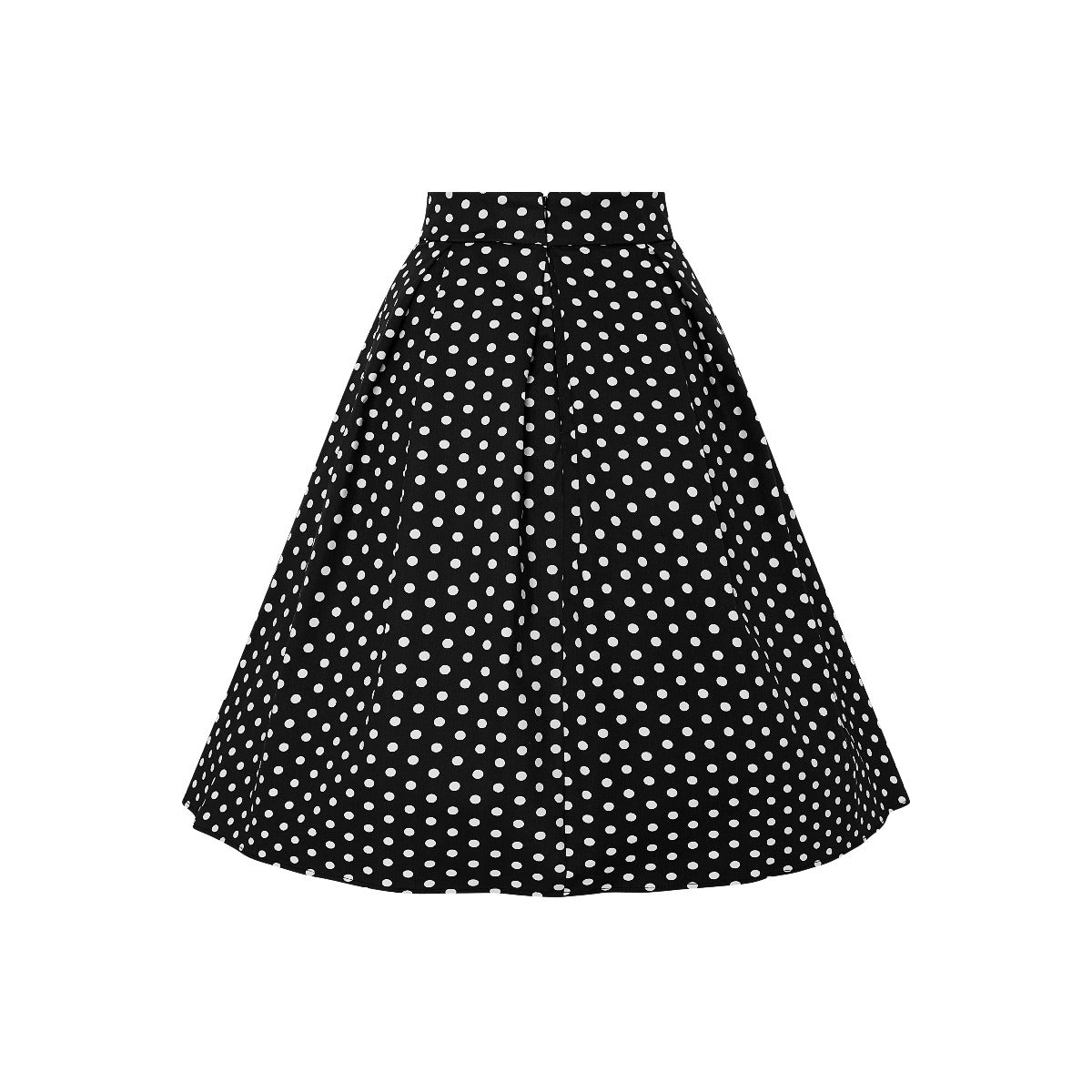 Our high waisted swing skirt, in black, with white polka dots, back view
