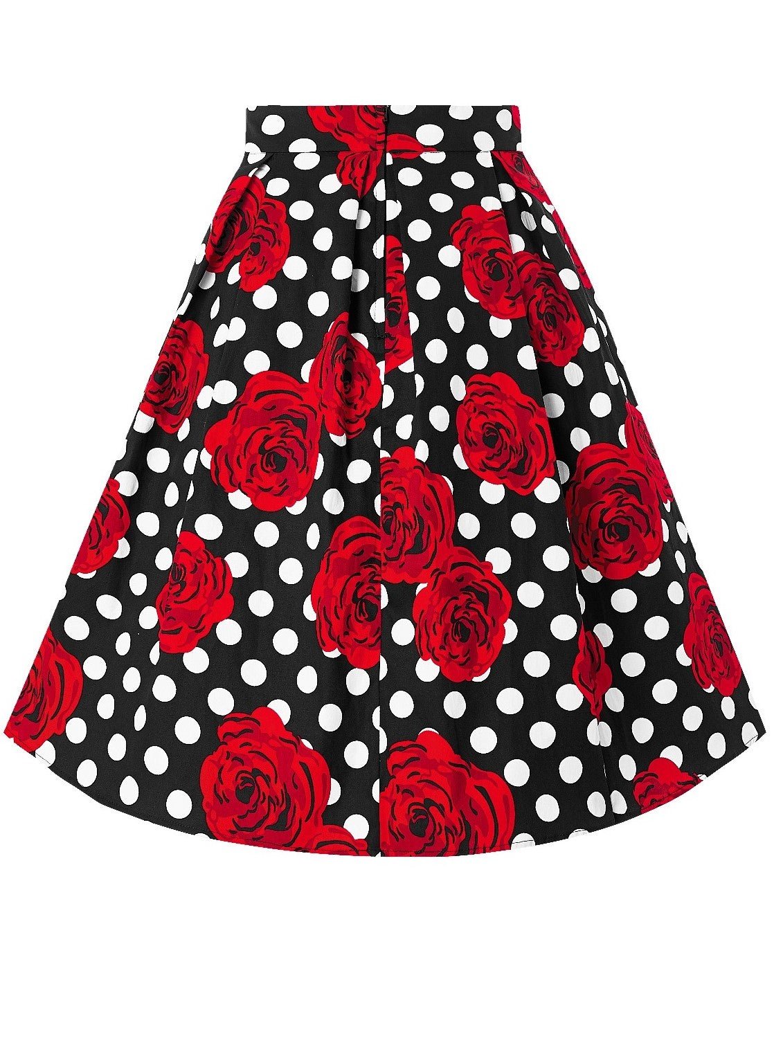 Carolyn Box Pleat Skirt in Black with Roses & White Polka Dots
