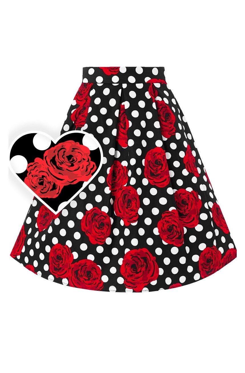 Women's Box Pleat Skirt in Black with Roses & White Polka Dots 