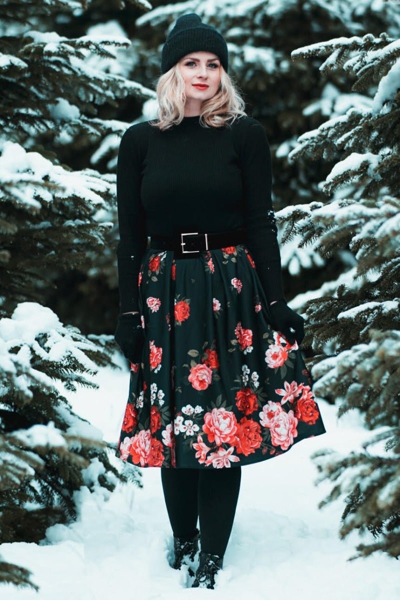 Carolyn Box Pleat Skirt In Black with Raising Red Roses