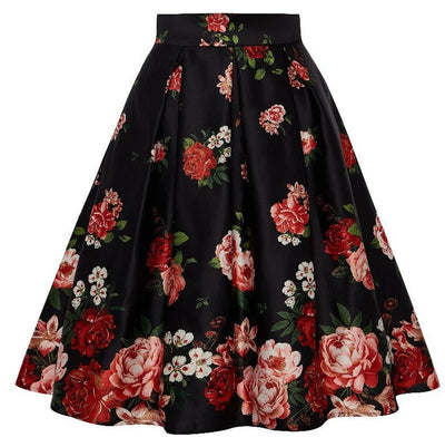Carolyn Box Pleat Skirt In Black with Raising Red Roses
