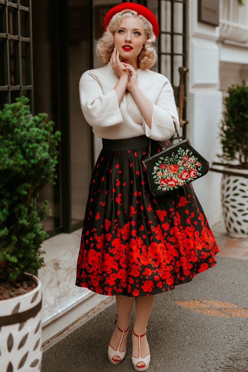 Woman's Box Pleat Skirt in Black Poppy