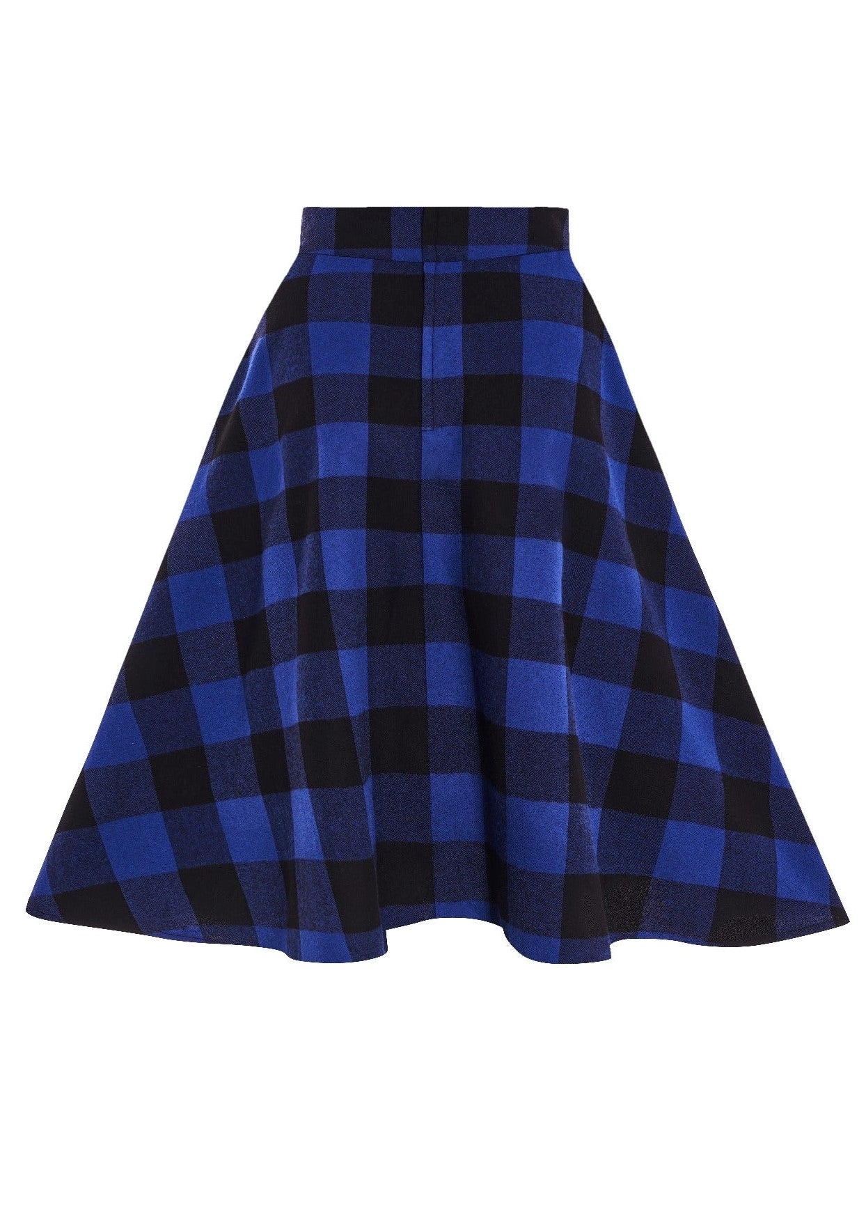 Joyce flared skirt, in blue and black check print, back view