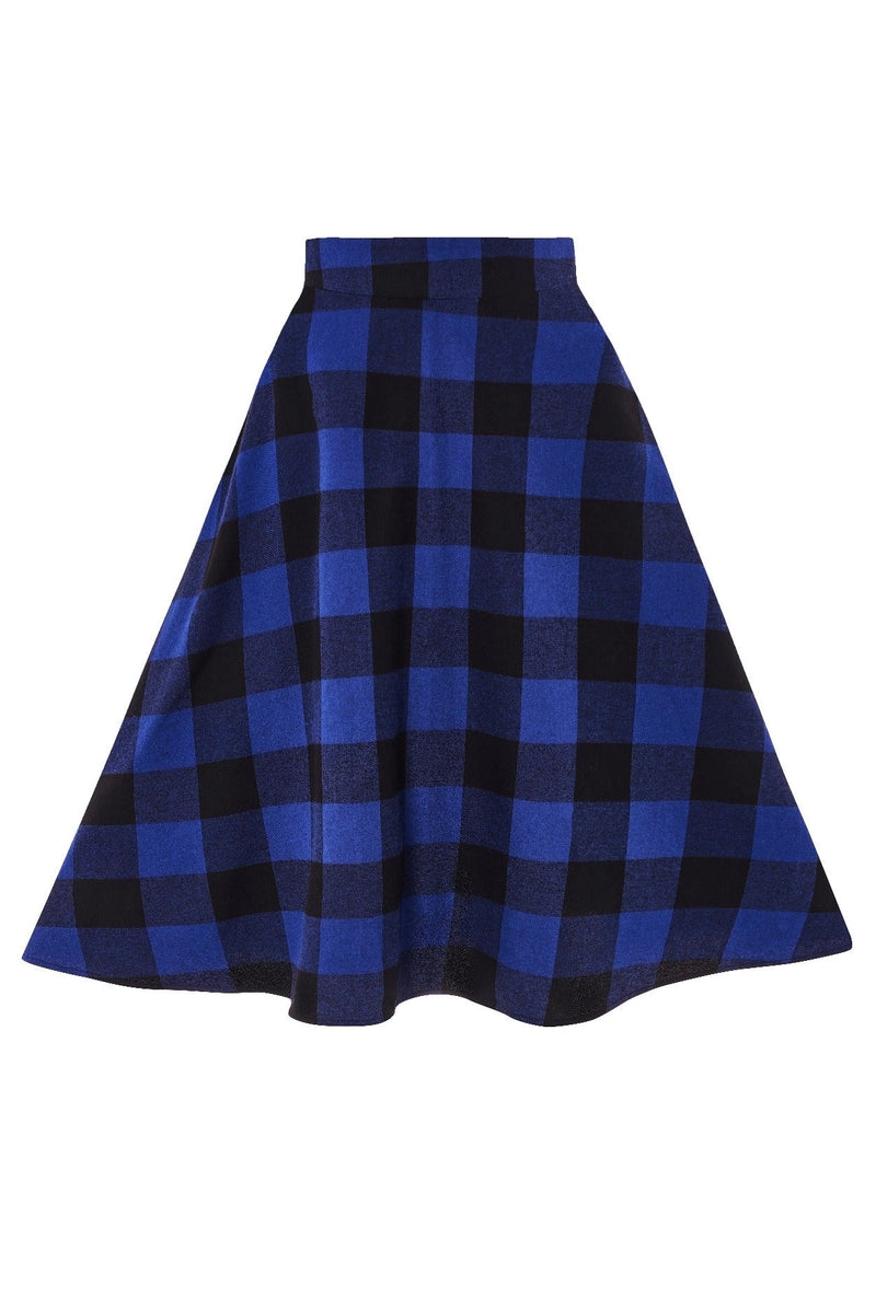 Joyce flared skirt, in blue and black check print, front view