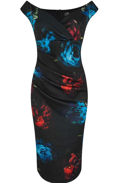 Isabella Off-Shoulder Wiggle Dress Black, Blue & Red Roses