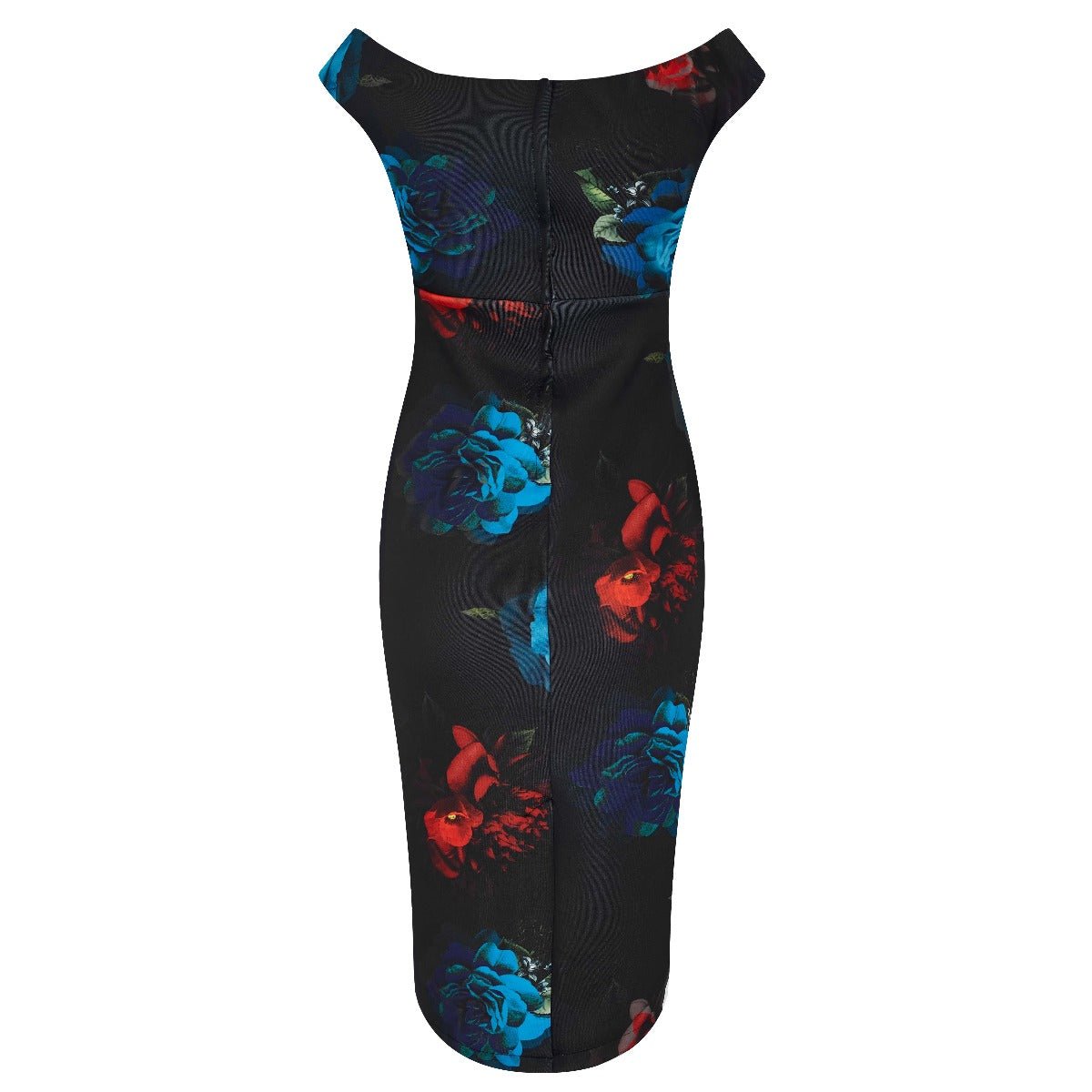 Isabella Off-Shoulder Wiggle Dress Black, Blue & Red Roses