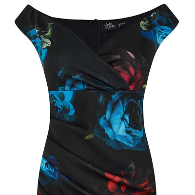 Isabella Off-Shoulder Wiggle Dress Black, Blue & Red Roses