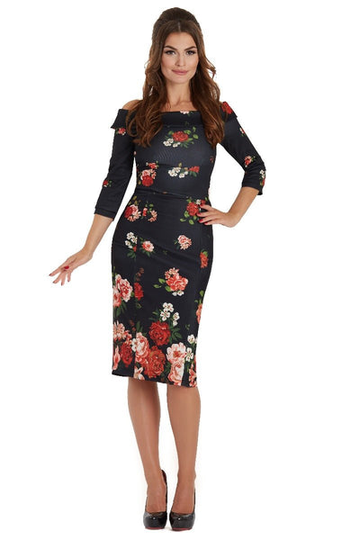 Denise Vintage Inspired Wiggle Dress with Raising Roses in Black