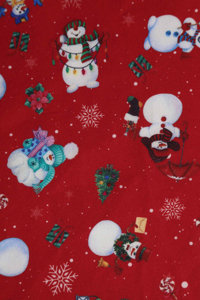 Close up view of Snowman print Midi Dress in red