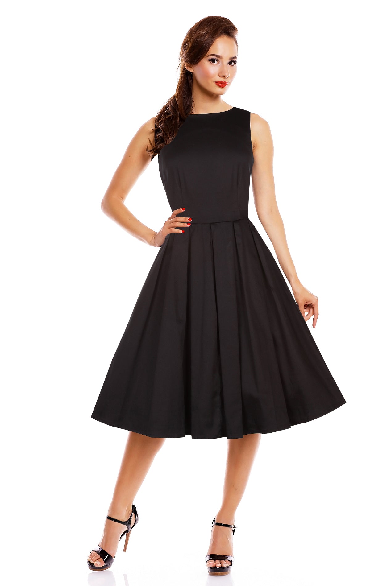 Stylish 50's Retro Swing Dress With Pockets in Plain Black