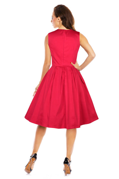 50's Retro Swing Dress With Pockets in Plain Red