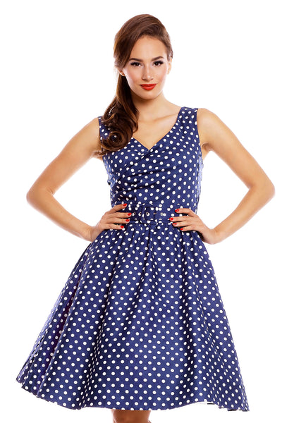 Stylish Inspired Swing Dress in Dark Blue Polka Dots
