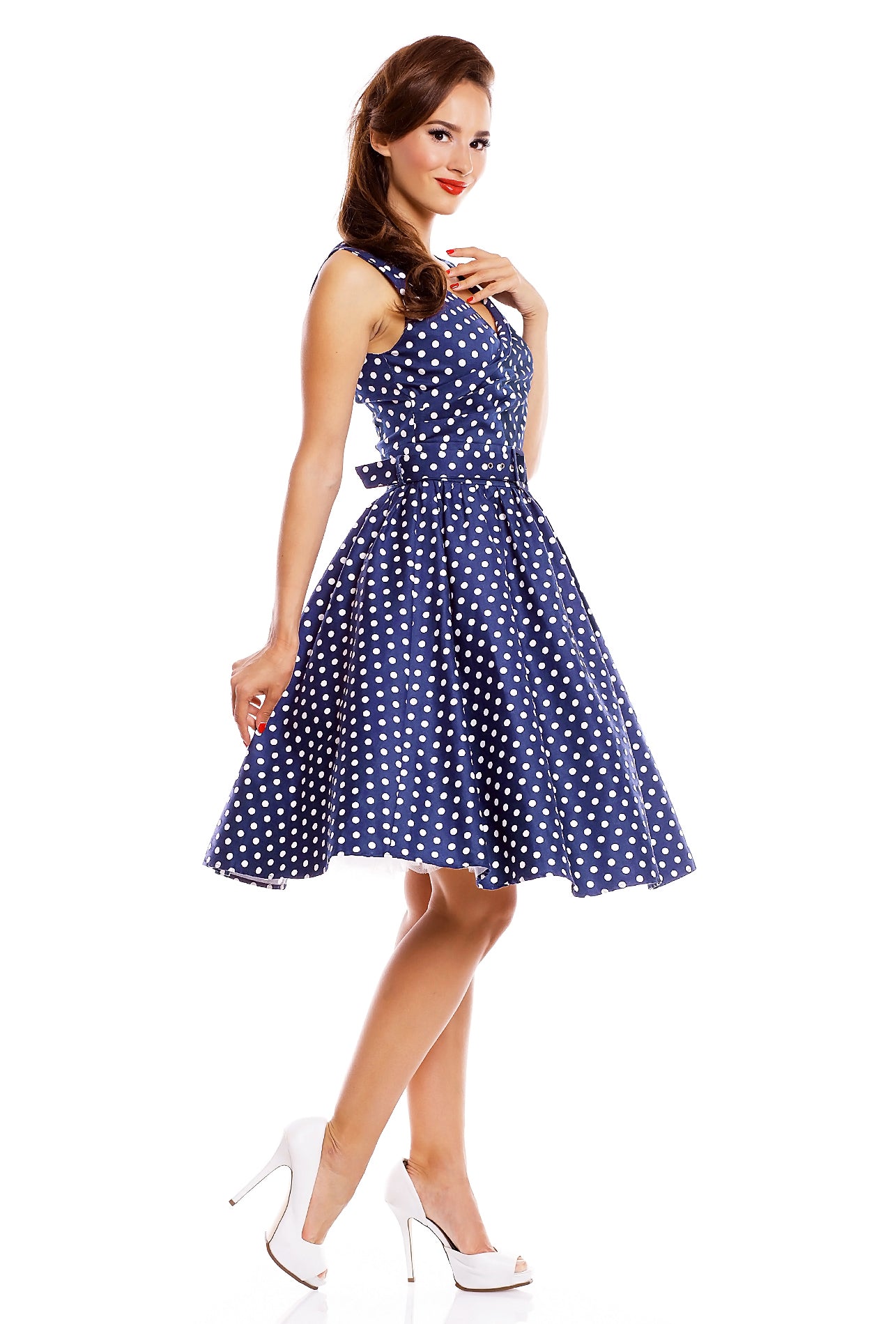 Stylish Inspired Swing Dress in Dark Blue Polka Dots