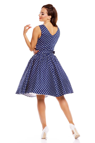 Stylish Inspired Swing Dress in Dark Blue Polka Dots