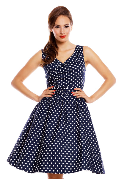 Stylish V-neck Polka Dot Swing Dress in Navy Blue