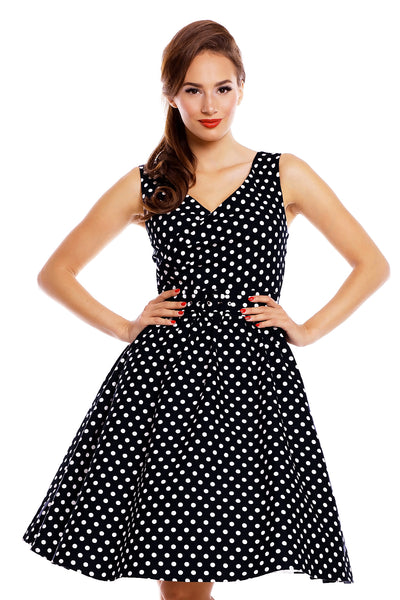Stylish V-neck Vintage Inspired Swing Dress in Black Polka Dots