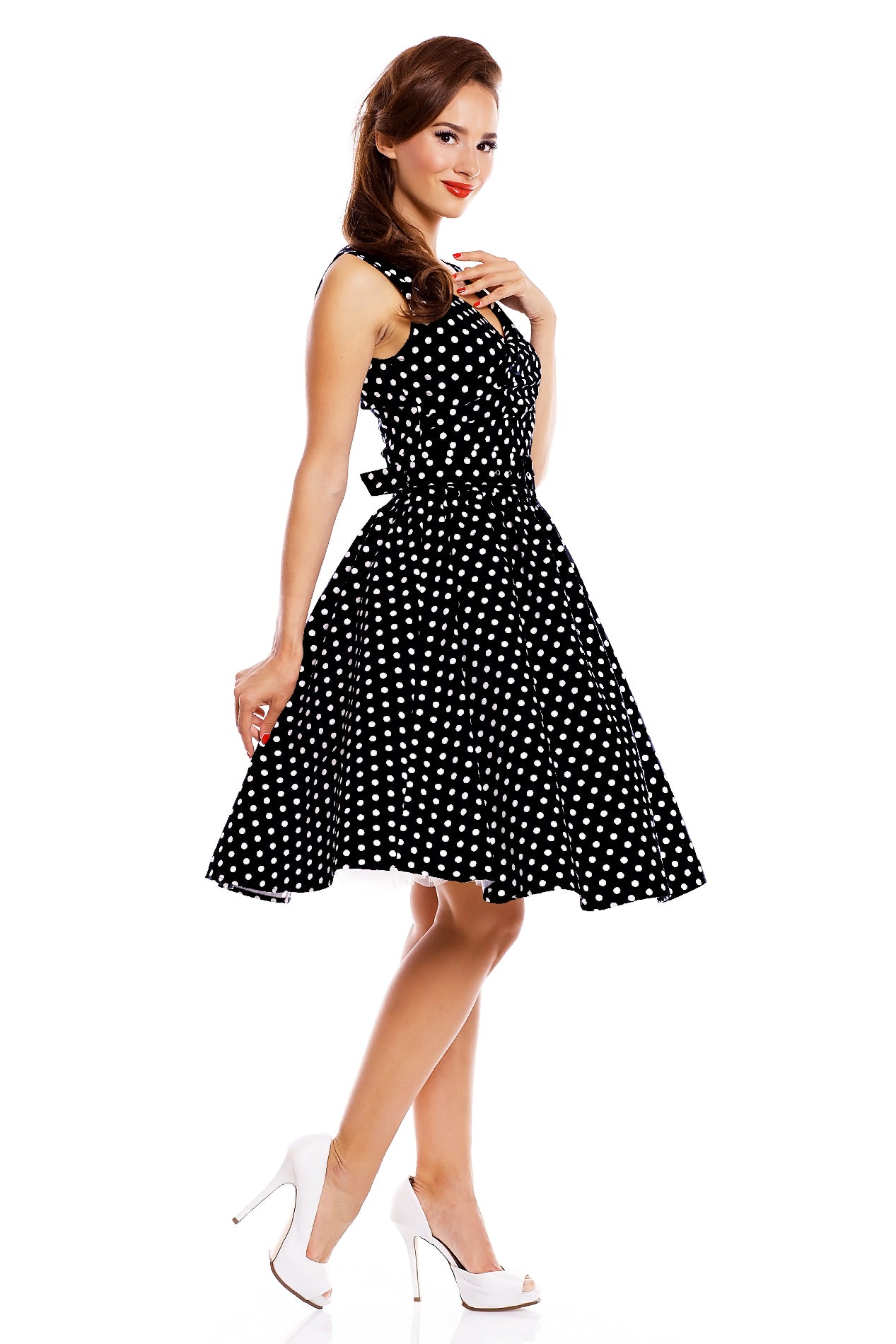 Stylish V-neck Vintage Inspired Swing Dress in Black Polka Dots