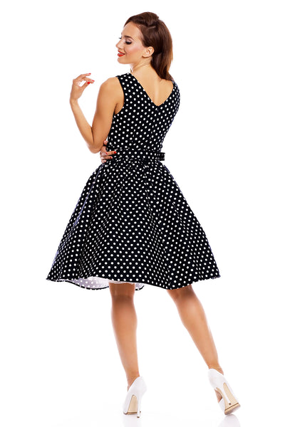 Stylish V-neck Vintage Inspired Swing Dress in Black Polka Dots