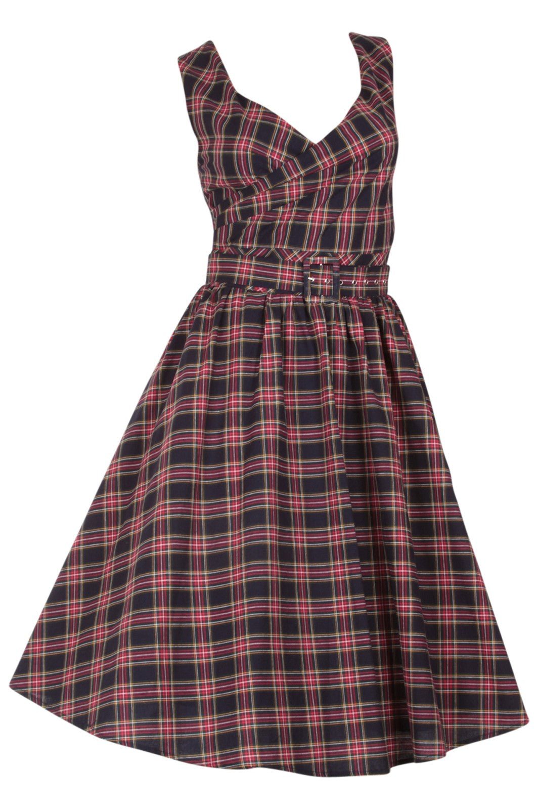 Stylish V-neck Vintage Inspired Swing Dress in Navy Blue-Red