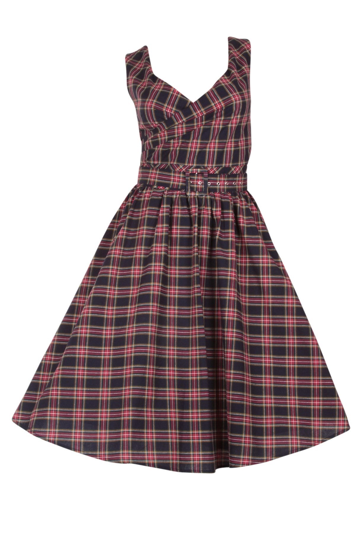 Stylish V-neck Vintage Inspired Swing Dress in Navy Blue-Red