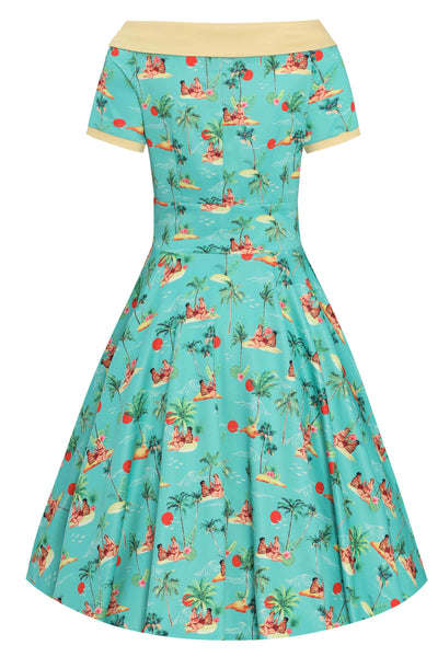 Back View of Sunset Pinup Couple Swing Dress in Light Green