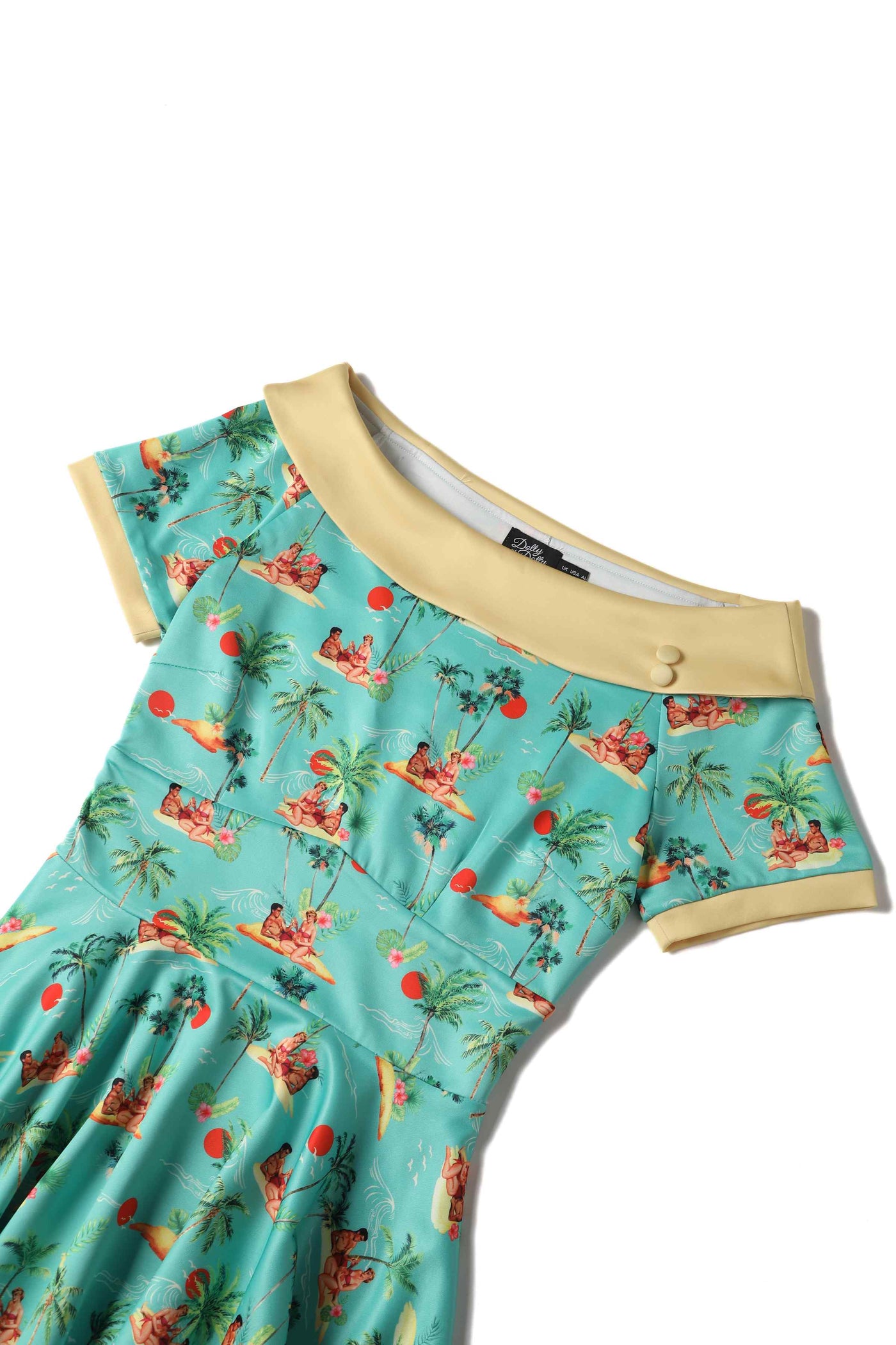 Close up View of Sunset Pinup Couple Swing Dress in Light Green