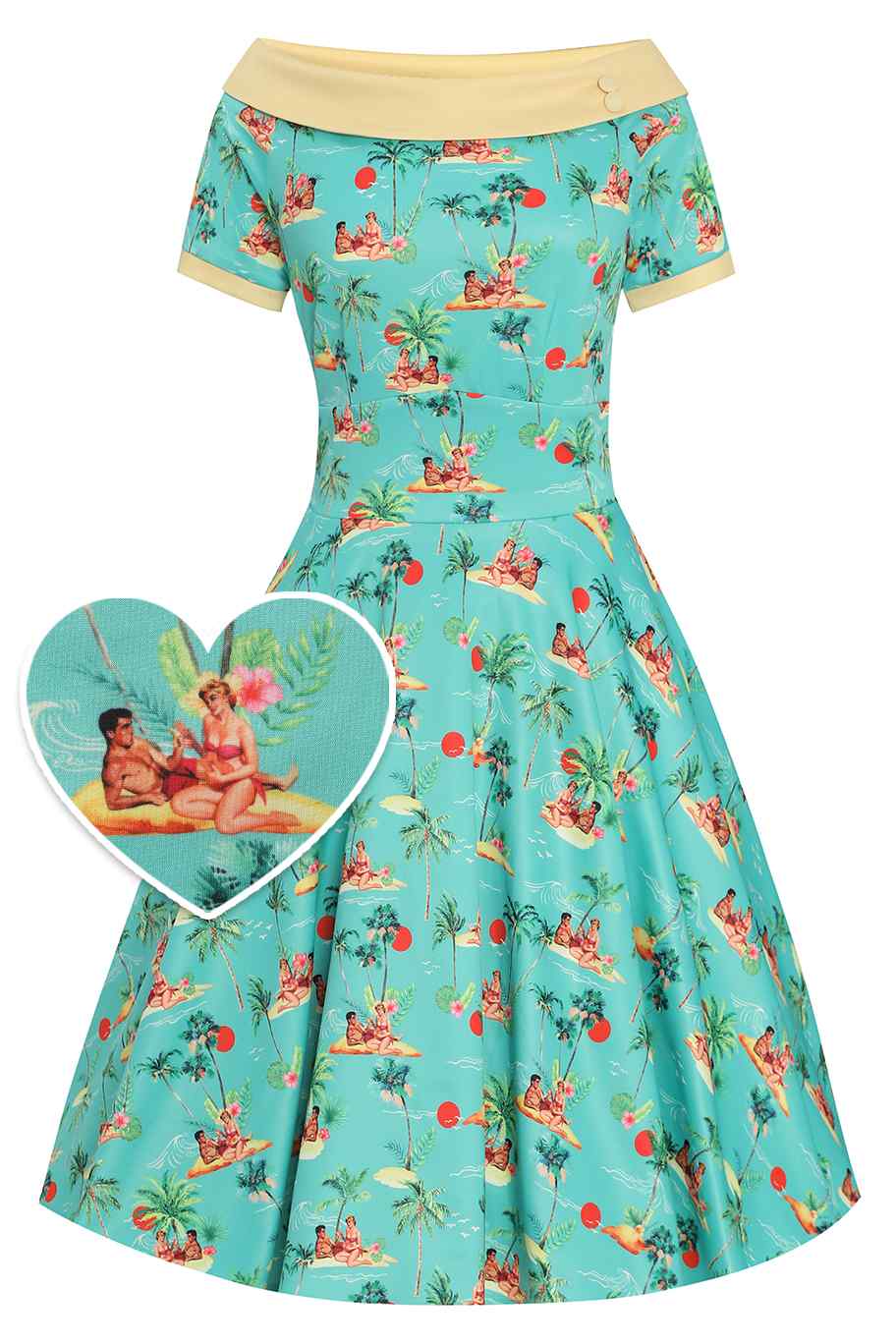 Front  View of Sunset Pinup Couple Swing Dress in Light Green
