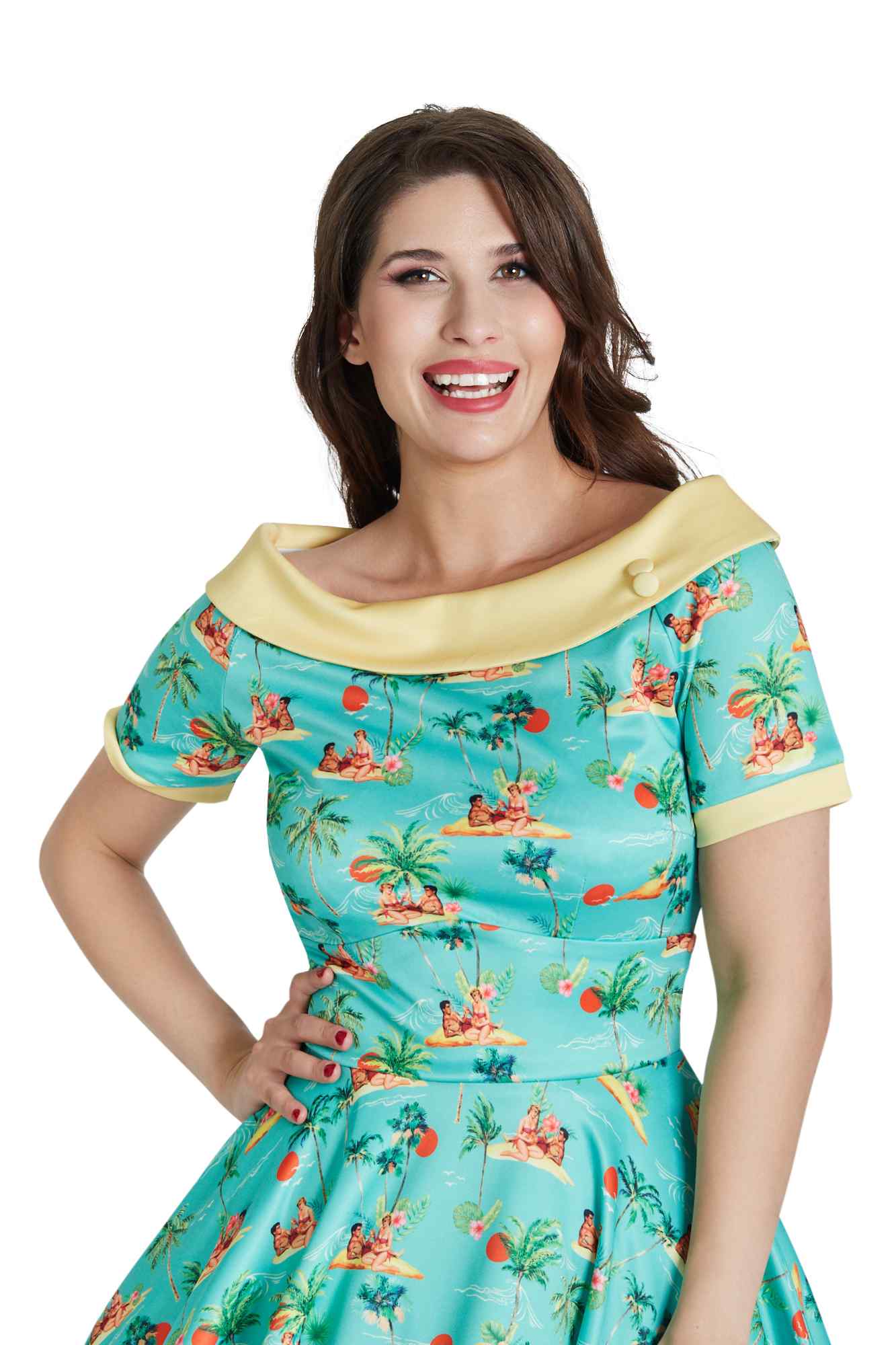 Model Photo of Sunset Pinup Couple Swing Dress in Light Green