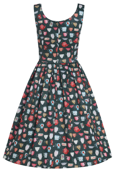 Back View of Teacup and Teapot Pring Sleeveless Swing Dress in Green