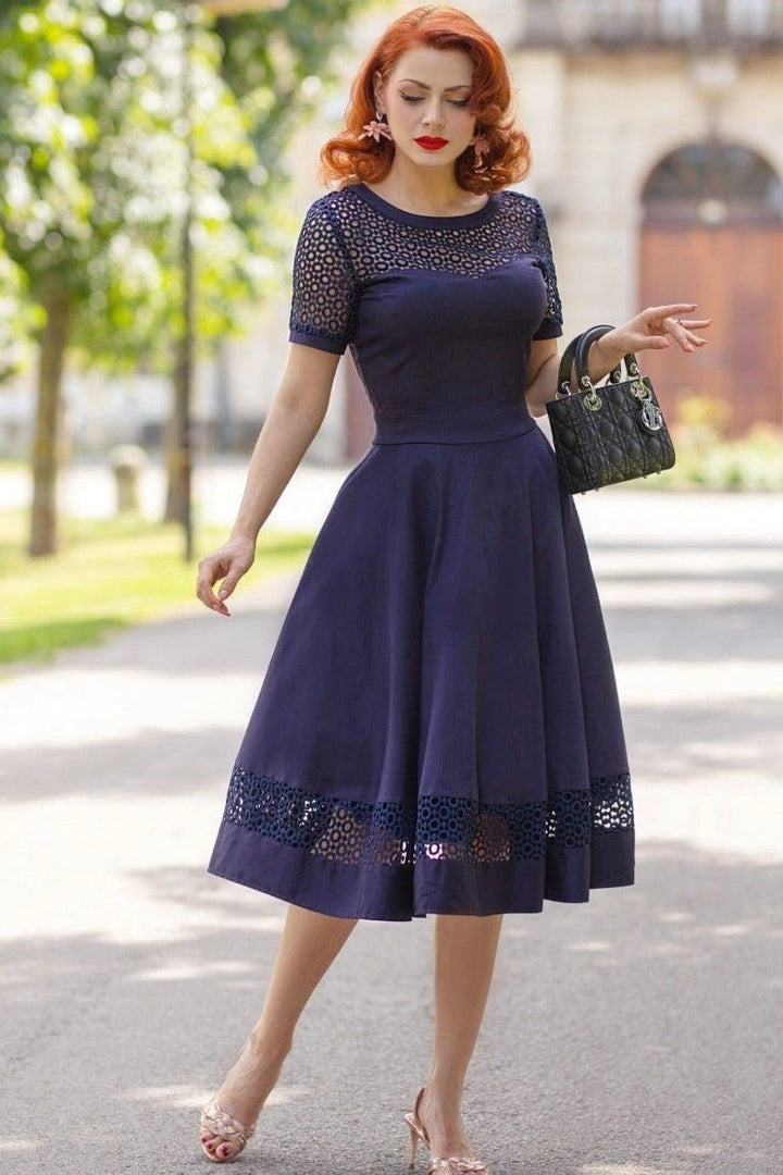 dark blue dress lace Tess Navy Blue Lace Sleeved Dress by Dolly and Dotty