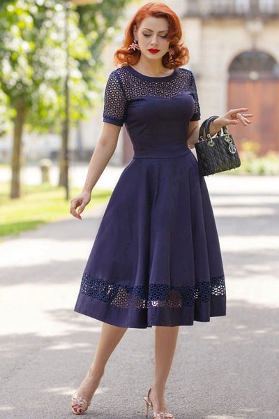 Tess Navy Blue Lace Sleeved Dress by Dolly and Dotty Tess Navy Blue Lace Sleeved Dress by Dolly and Dotty