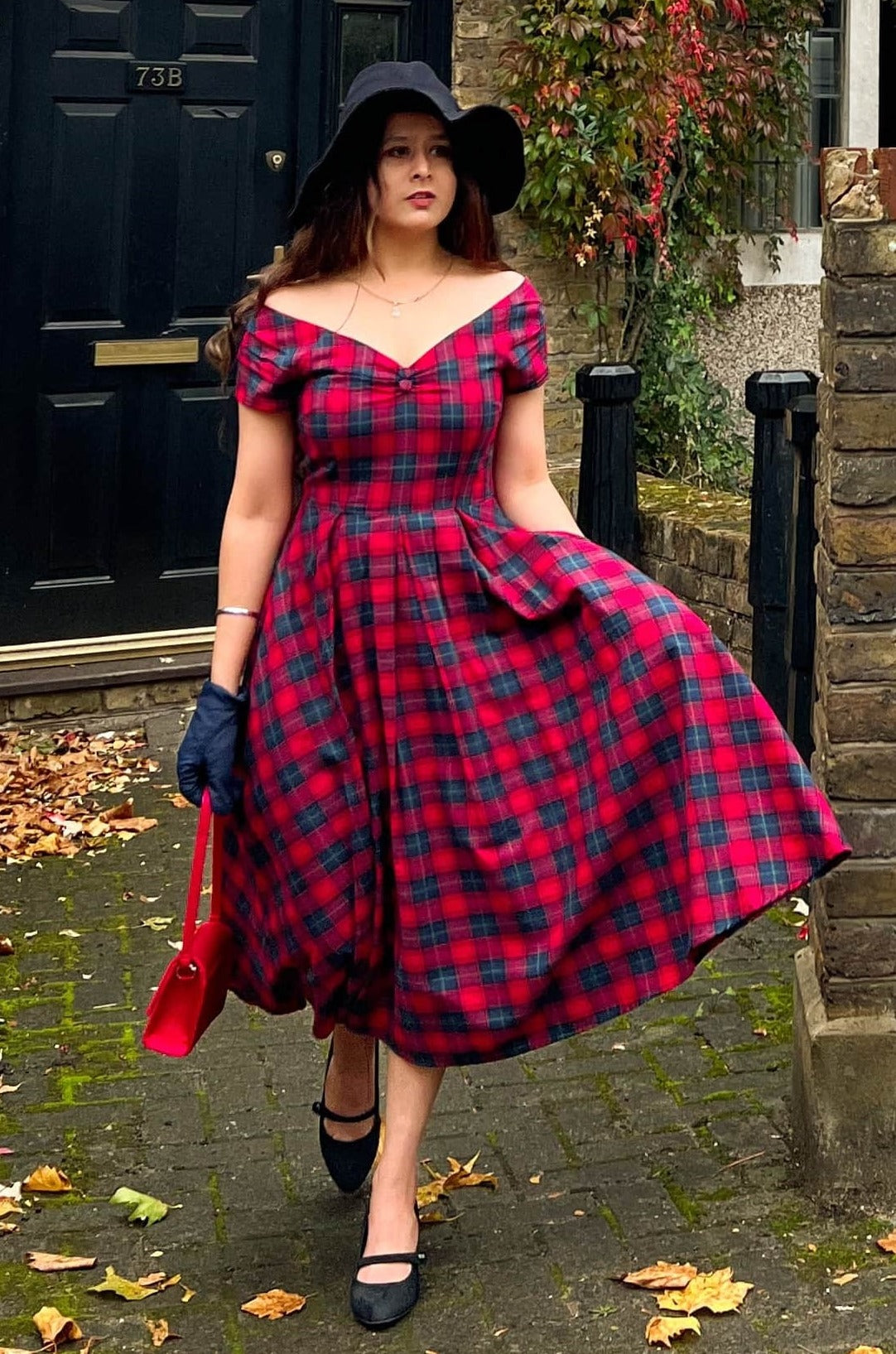 thedreamylife wearing winter Vintage Off Shoulder Check Dress in Red Blue