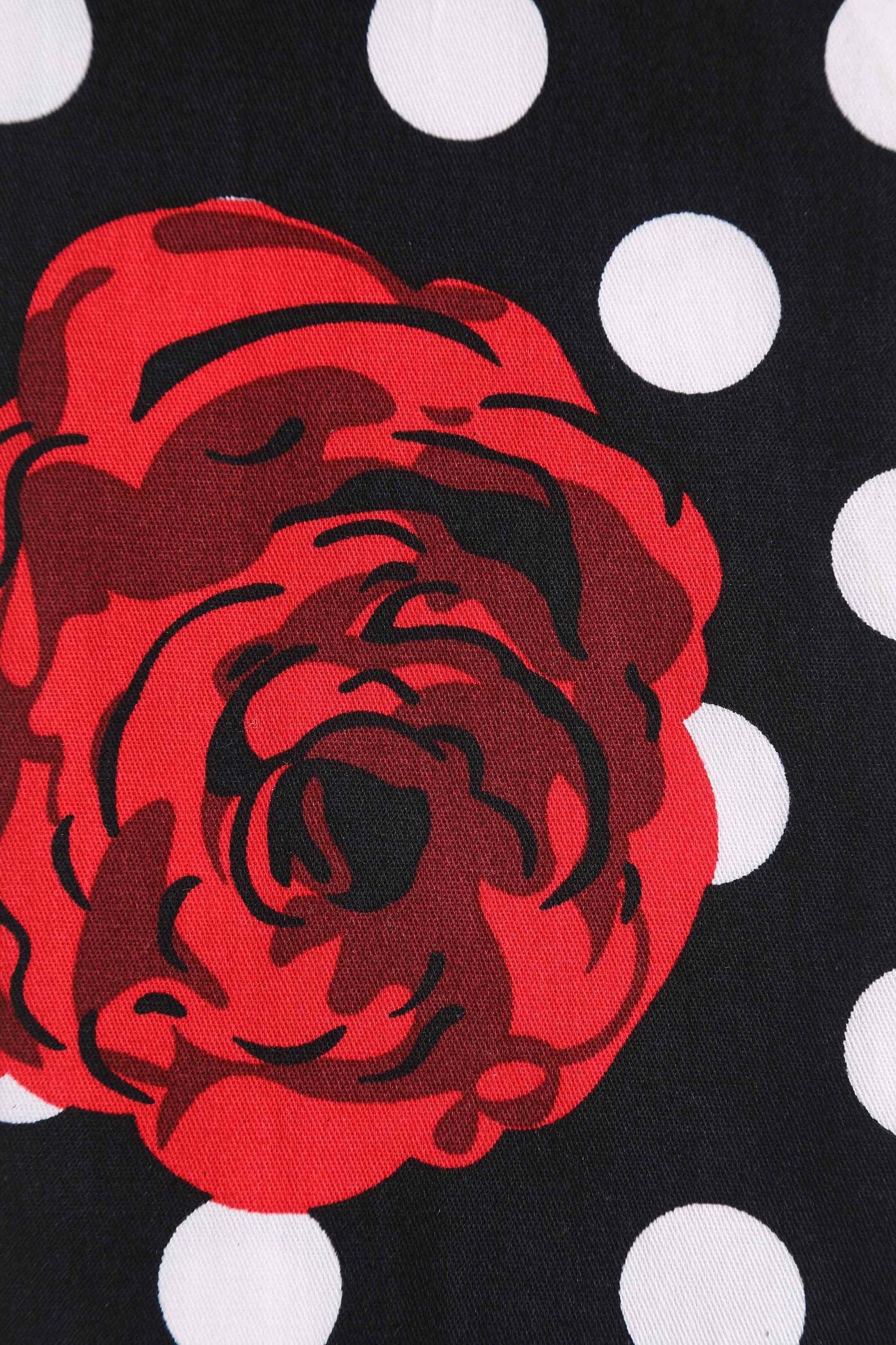Close up on print; red roses and black and white polka dot spots