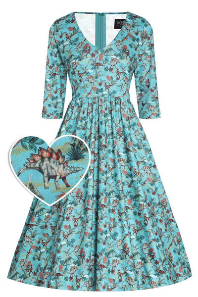 Front view of Turquoise Dinosaur Dress