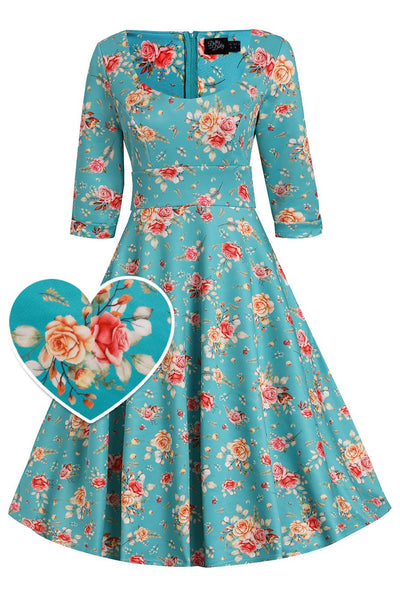 Turquoise Floral Mid Calf Dress