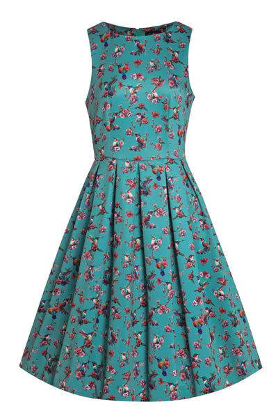 Front View of Turquoise Hummingbird Formal Swing Dress