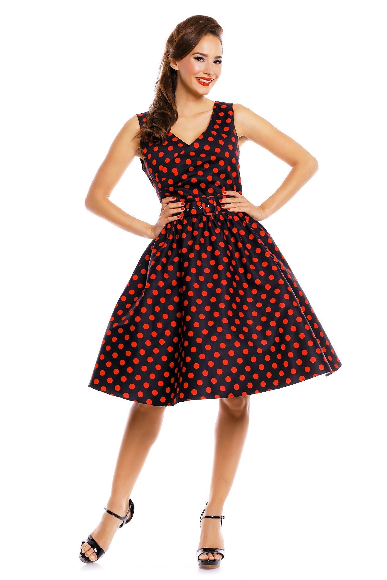 V-neck 50s Style Spot Dress in Black-Red