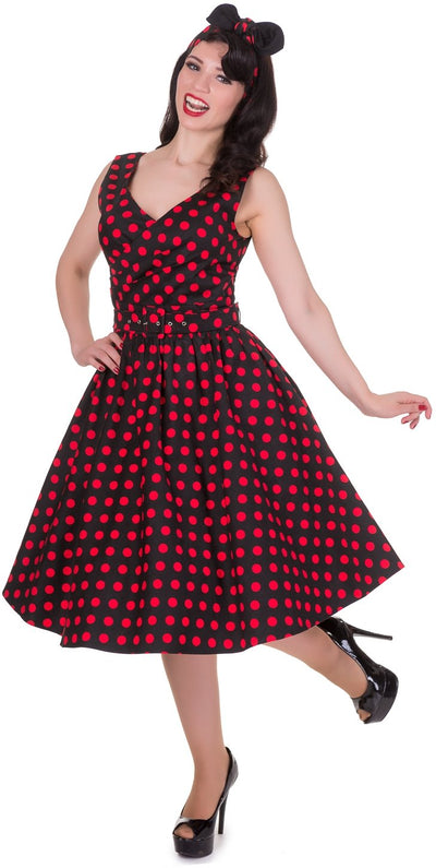 V-neck 50s Style Spot Dress in Black-Red