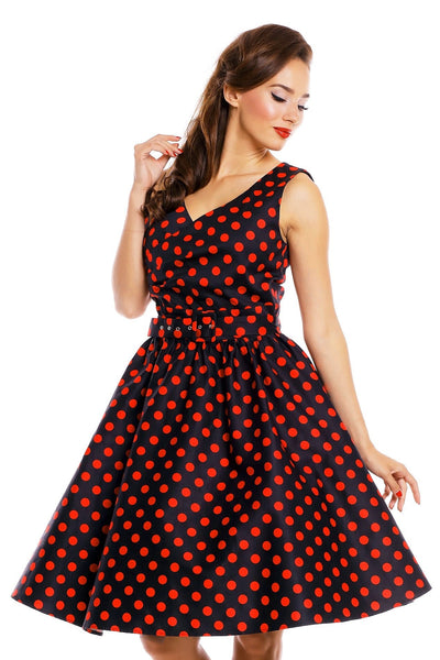 V-neck 50s Style Spot Dress in Black-Red
