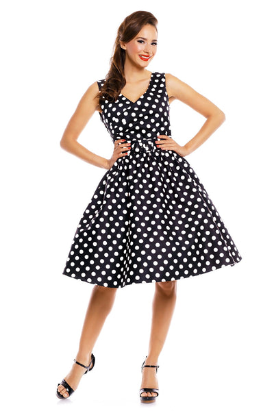 V-neck 50s Style Spot Dress in Black-White