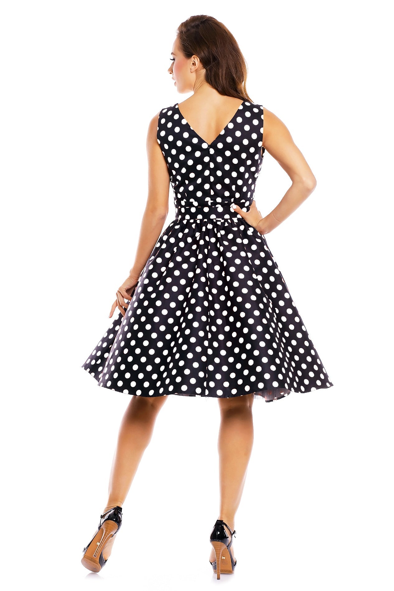 V-neck 50s Style Spot Dress in Black-White