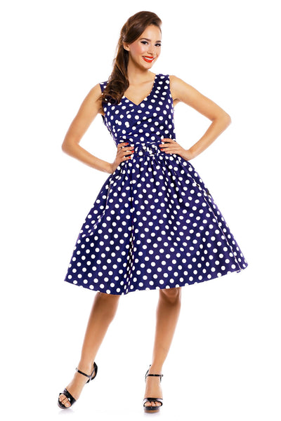 V-neck 50s Style Spot Dress in navy blue