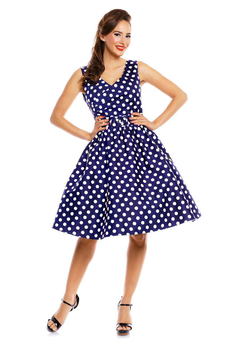V-neck 50s Style Spot Dress in navy blue
