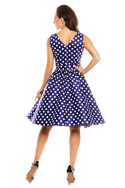V-neck 50s Style Spot Dress in navy blue