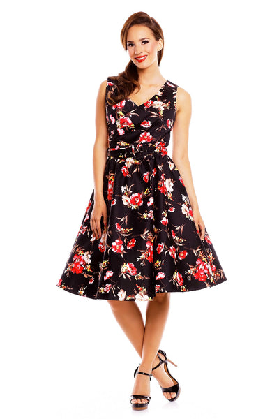 V-neck 50s Style Swing Dress in Black-Pink Floral