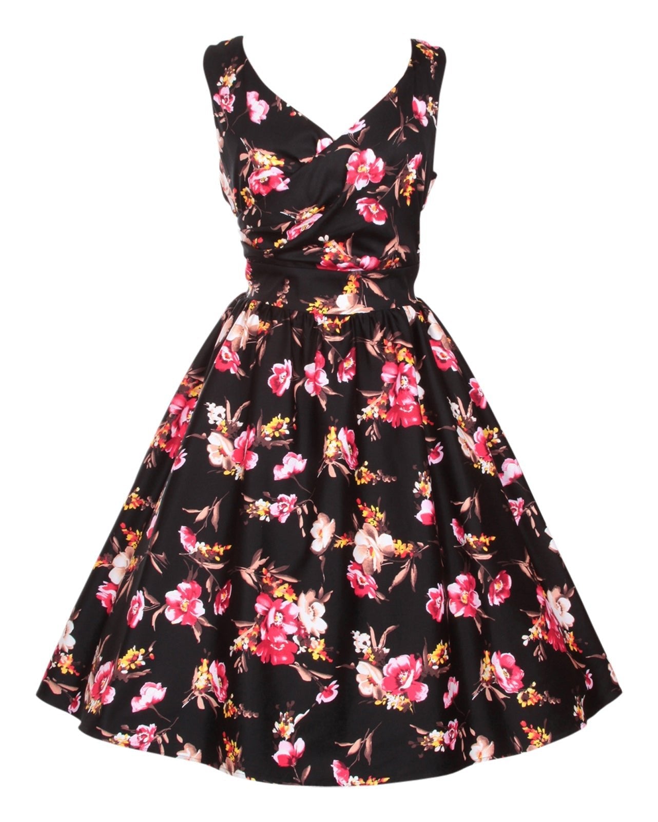 V-neck 50s Style Swing Dress in Black-Pink Floral