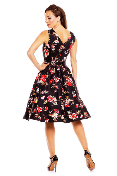 V-neck 50s Style Swing Dress in Black-Pink Floral